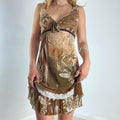 Bohemian midi multi patterened brown dress with a plunge neckline