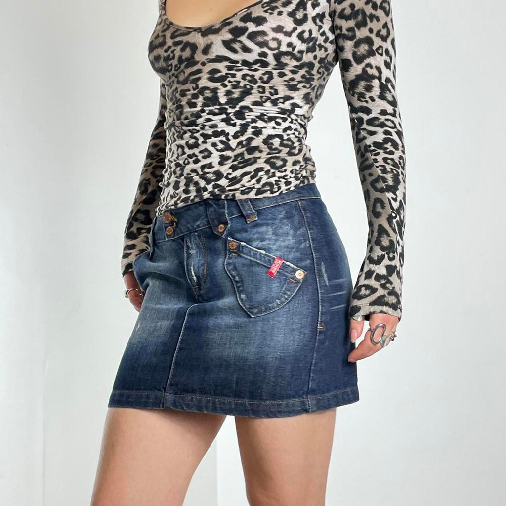 Y2k denim navy stone washed mini skirt with cool patch on the back