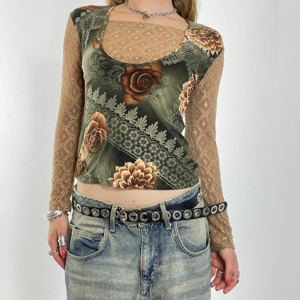 Vintage long sleeve floral print top with cream lace sleeves