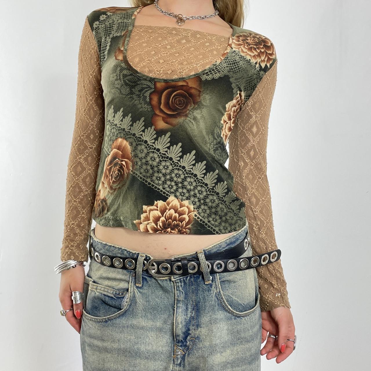 Vintage long sleeve floral print top with cream lace sleeves