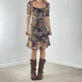 Mesh 3/4 length sleeve square neck midi dress