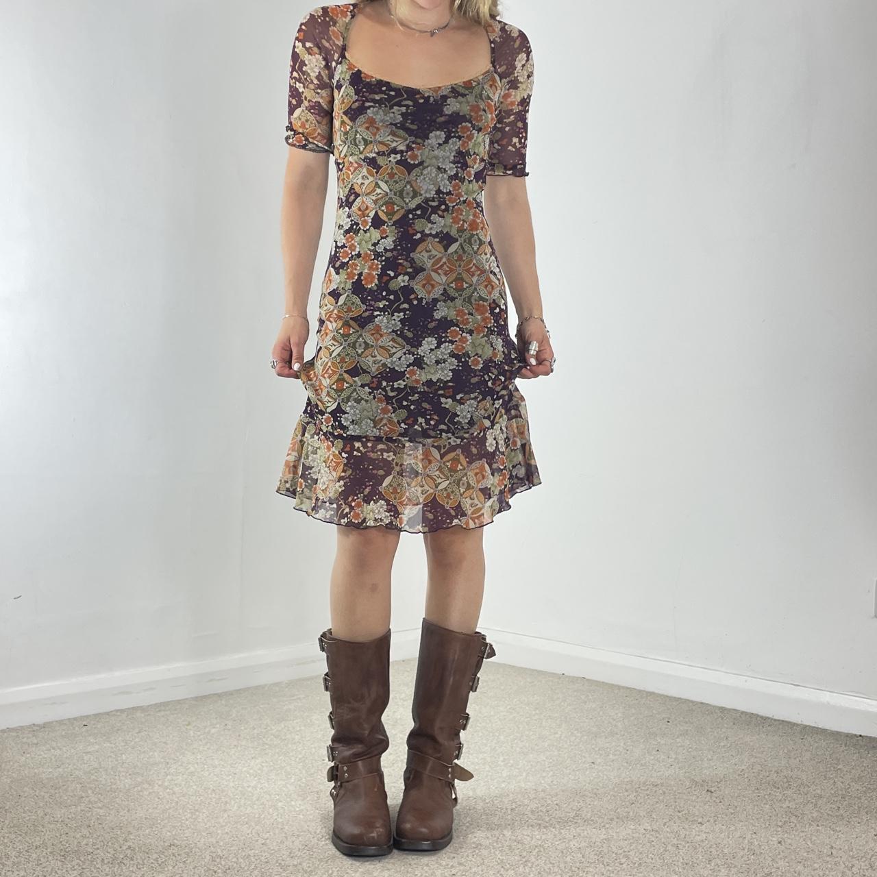 Mesh 3/4 length sleeve square neck midi dress
