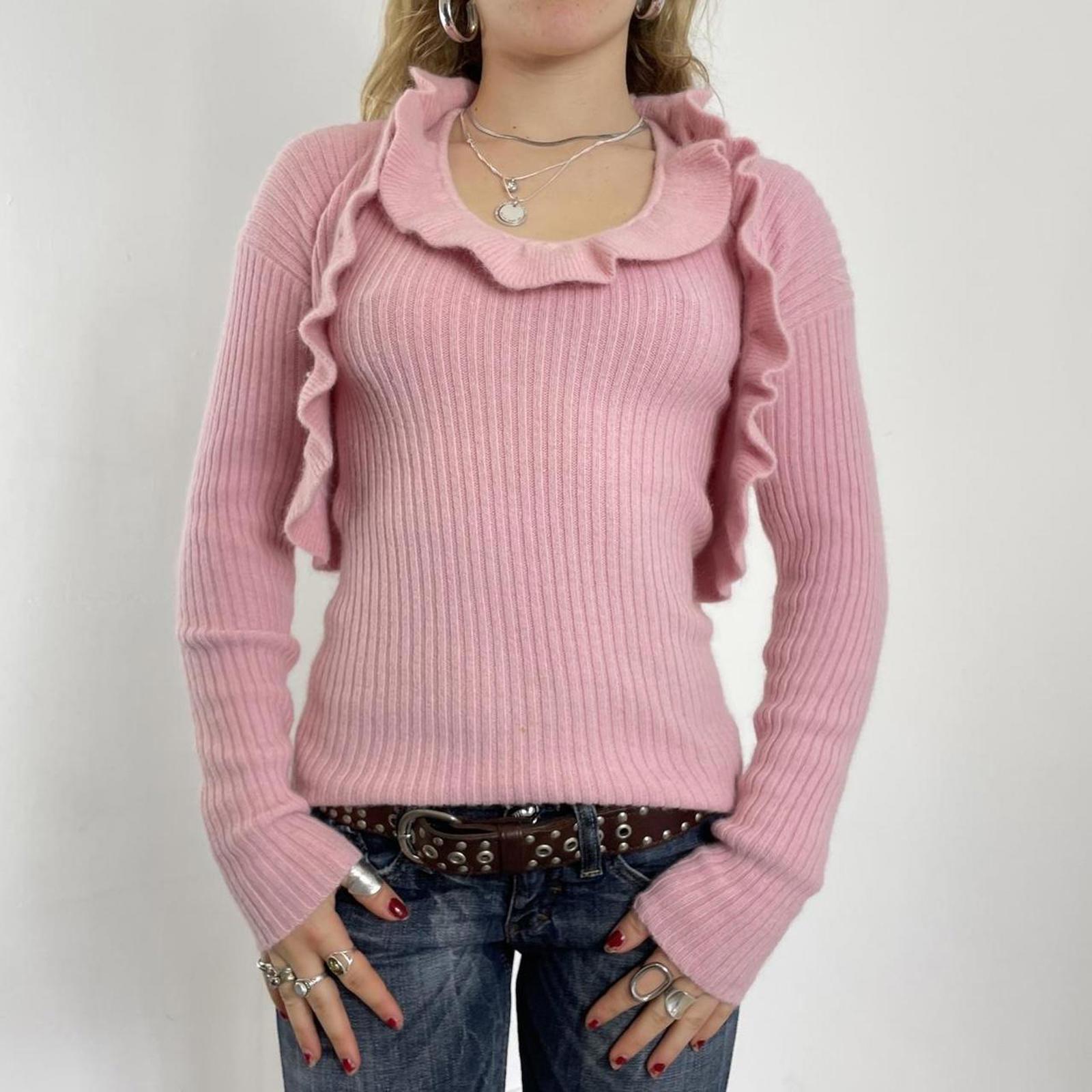 00's baby pink ribbed cammi top with lettuce hem and matching balero cardigan top