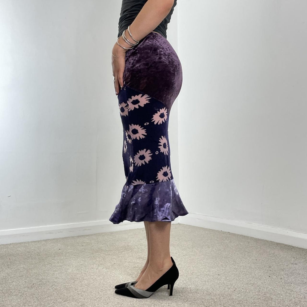 Purple velvet and floral midi skirt