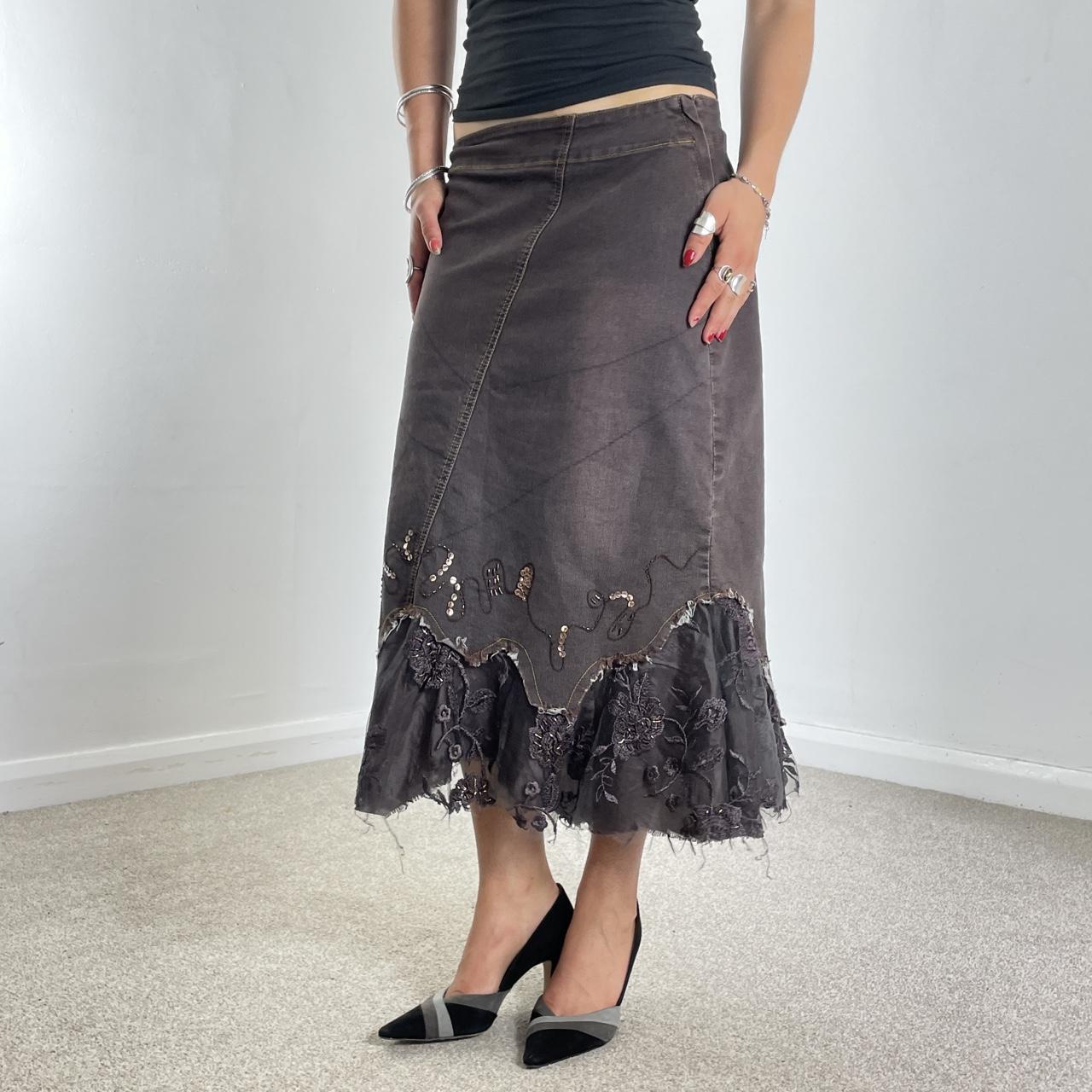 Vintage purple denim maxi skirt with embroided sequin mesh details at the bottom