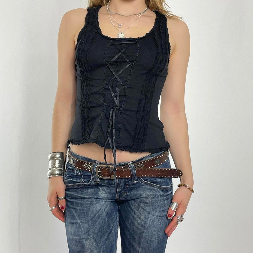 Bohemian lace up soft tank top with a lettuce trim neckline