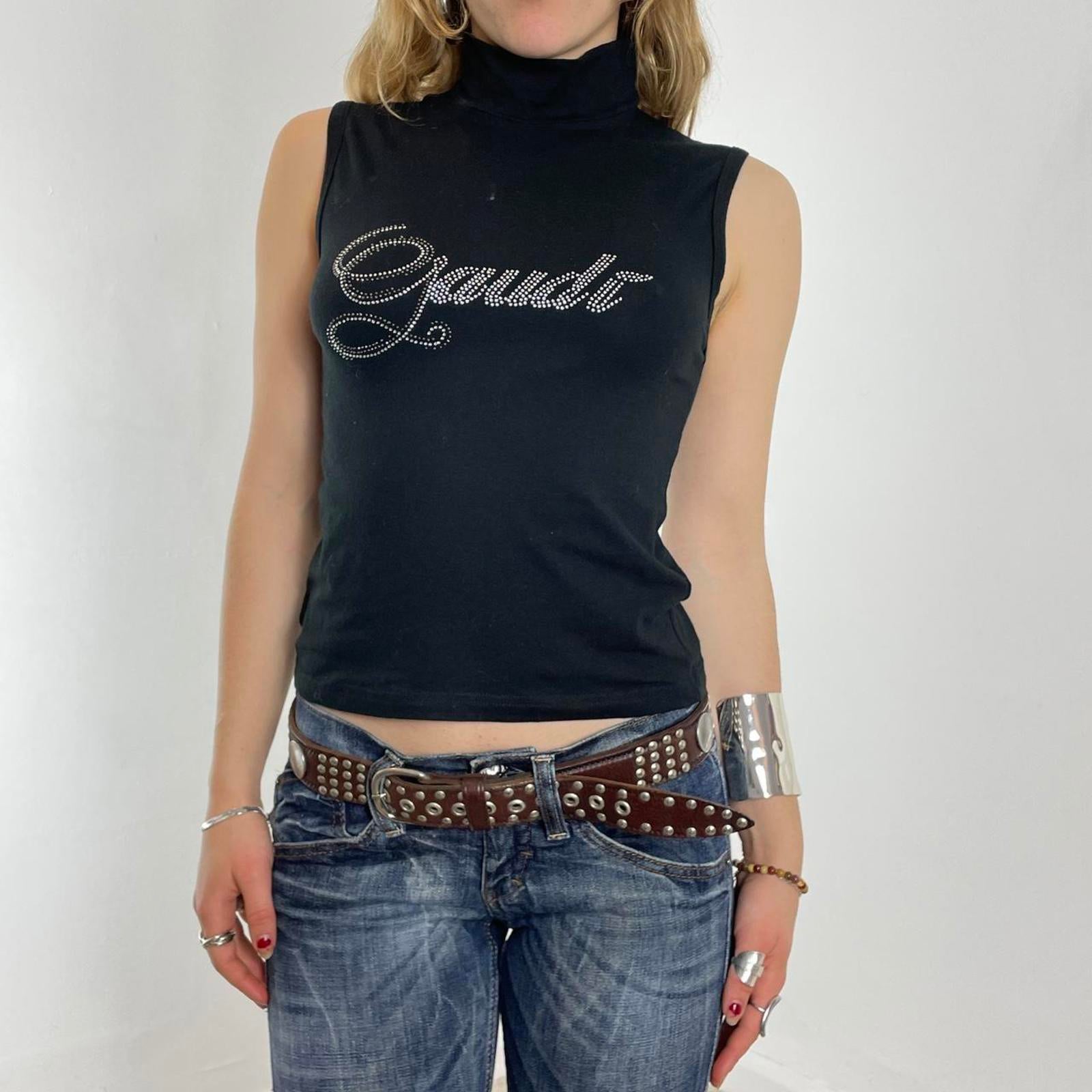 Y2K Silver and black gem Gaudi polar neck tank top