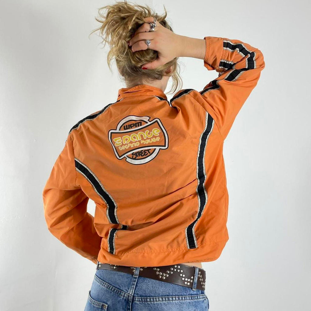 Orange racer windbreaker jacket with graphic detailing