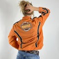 Orange racer windbreaker jacket with graphic detailing