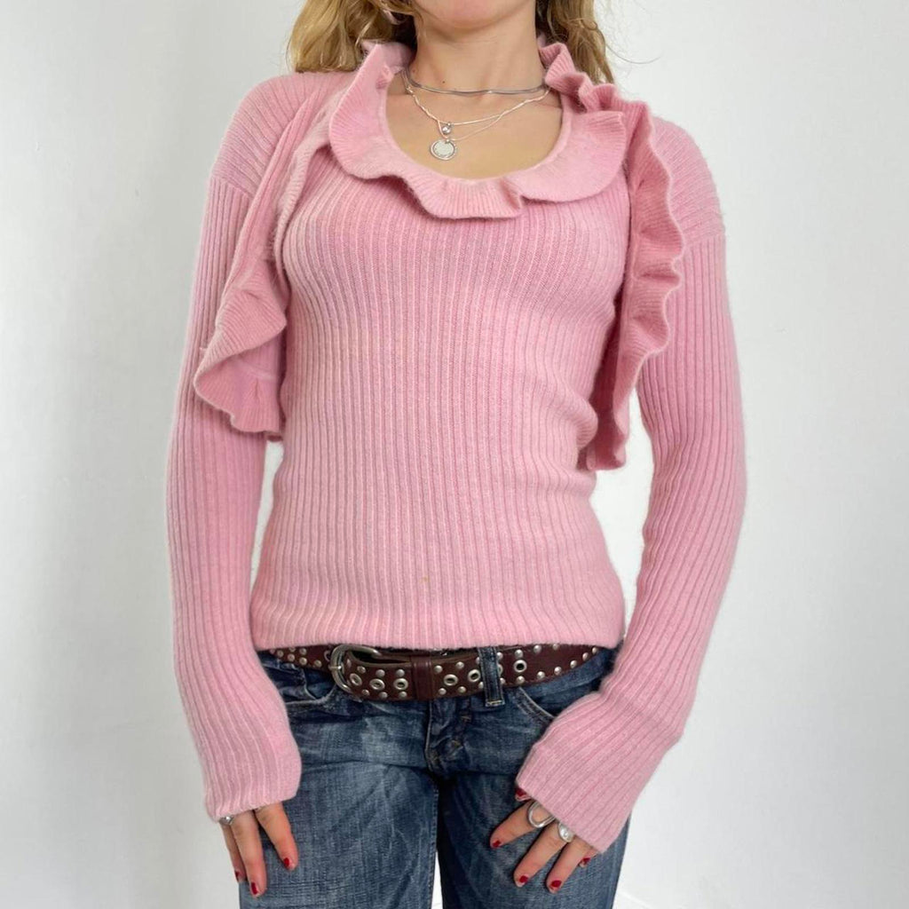 00's baby pink ribbed cammi top with lettuce hem and matching balero cardigan top