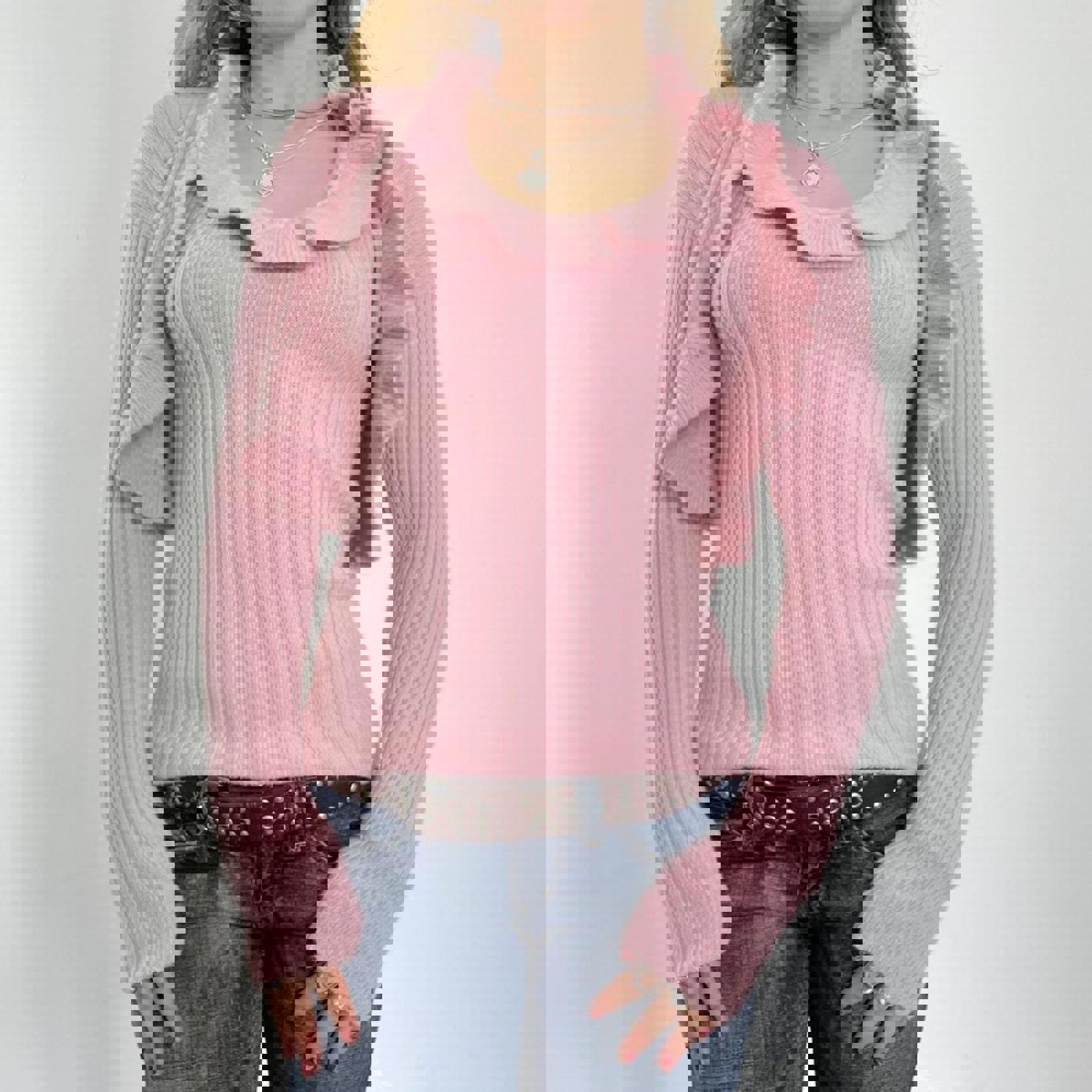 00's baby pink ribbed cammi top with lettuce hem and matching balero cardigan top