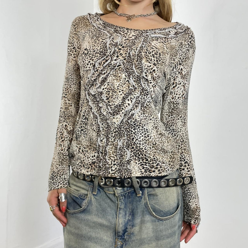 Brown textured long sleeve leopard print top