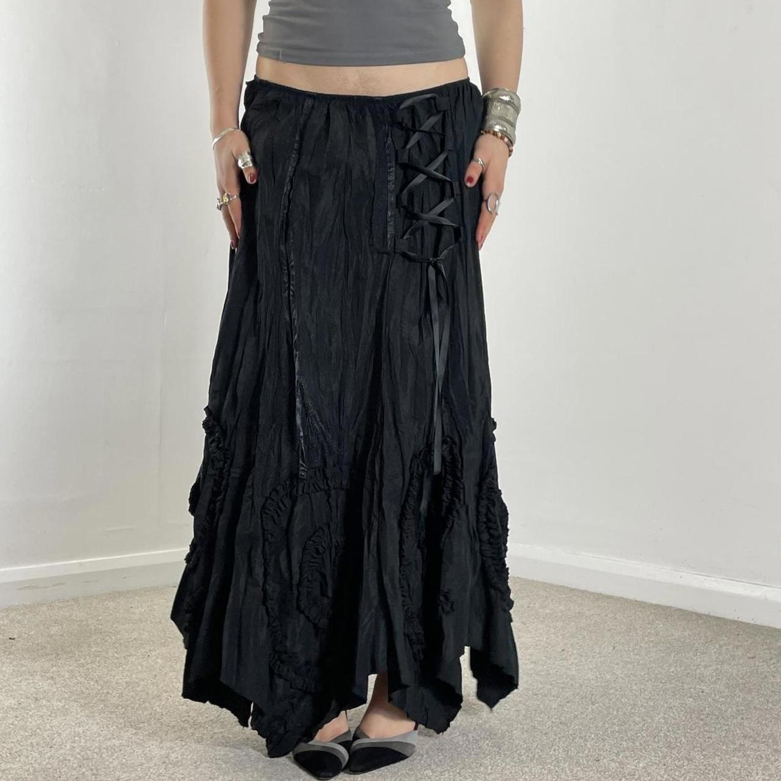 Avant Garde Vintage black full length maxi skirt with lace cross details