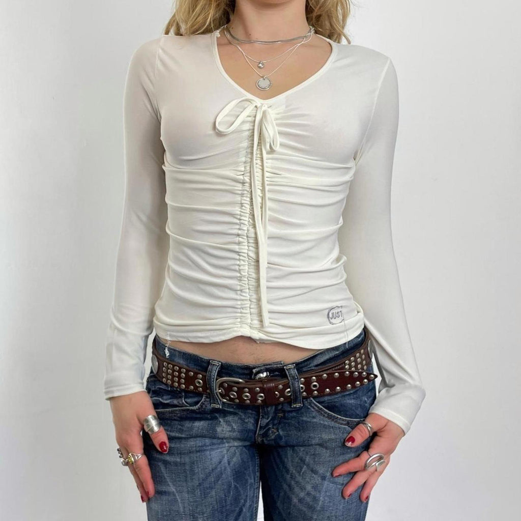 00's White ruched Just Cavalli v neck long sleeve top, with logo on the bottom