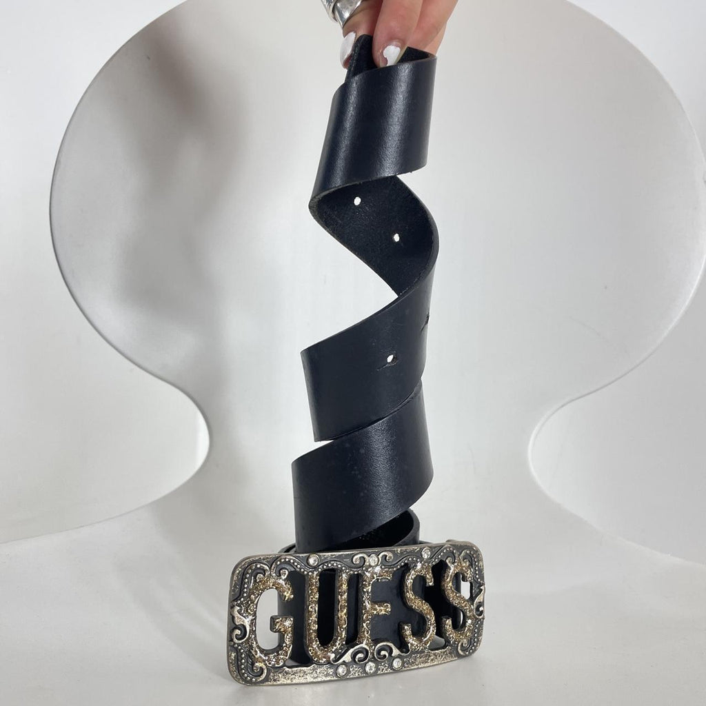 Guess silver chunky black leather belt