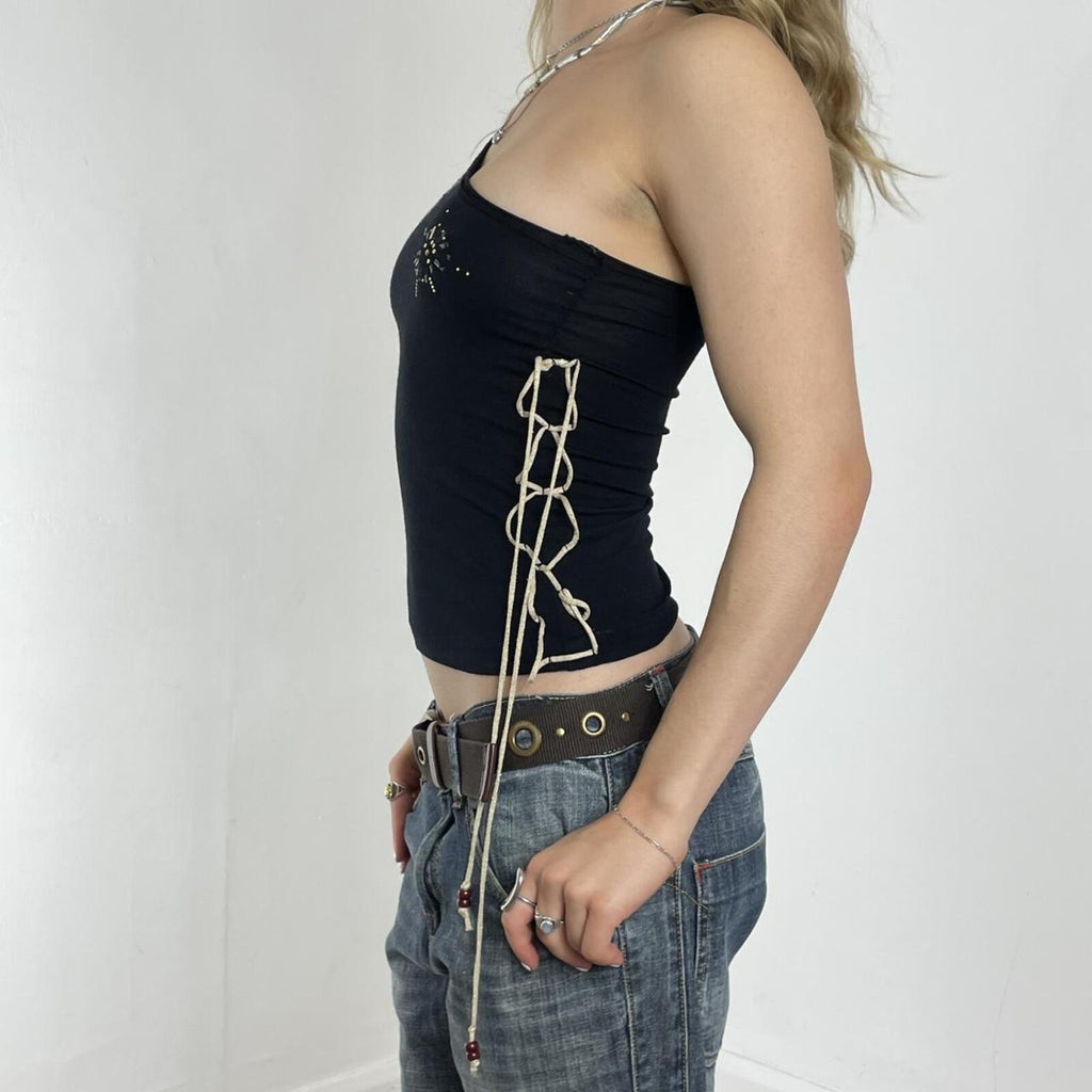 Black one shoulder embellished top with a tie up the side