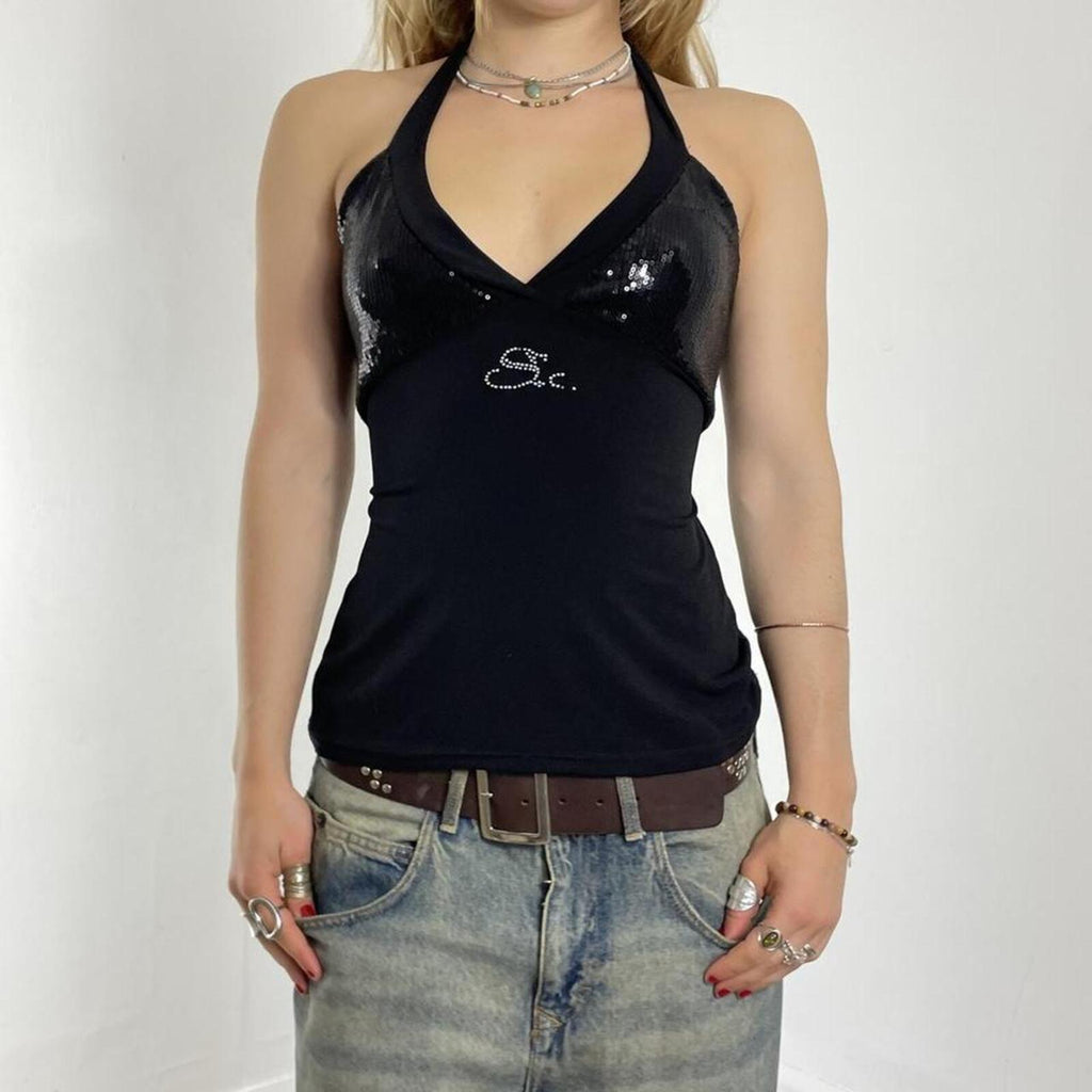 Y2k black sequined halter top ties at the back