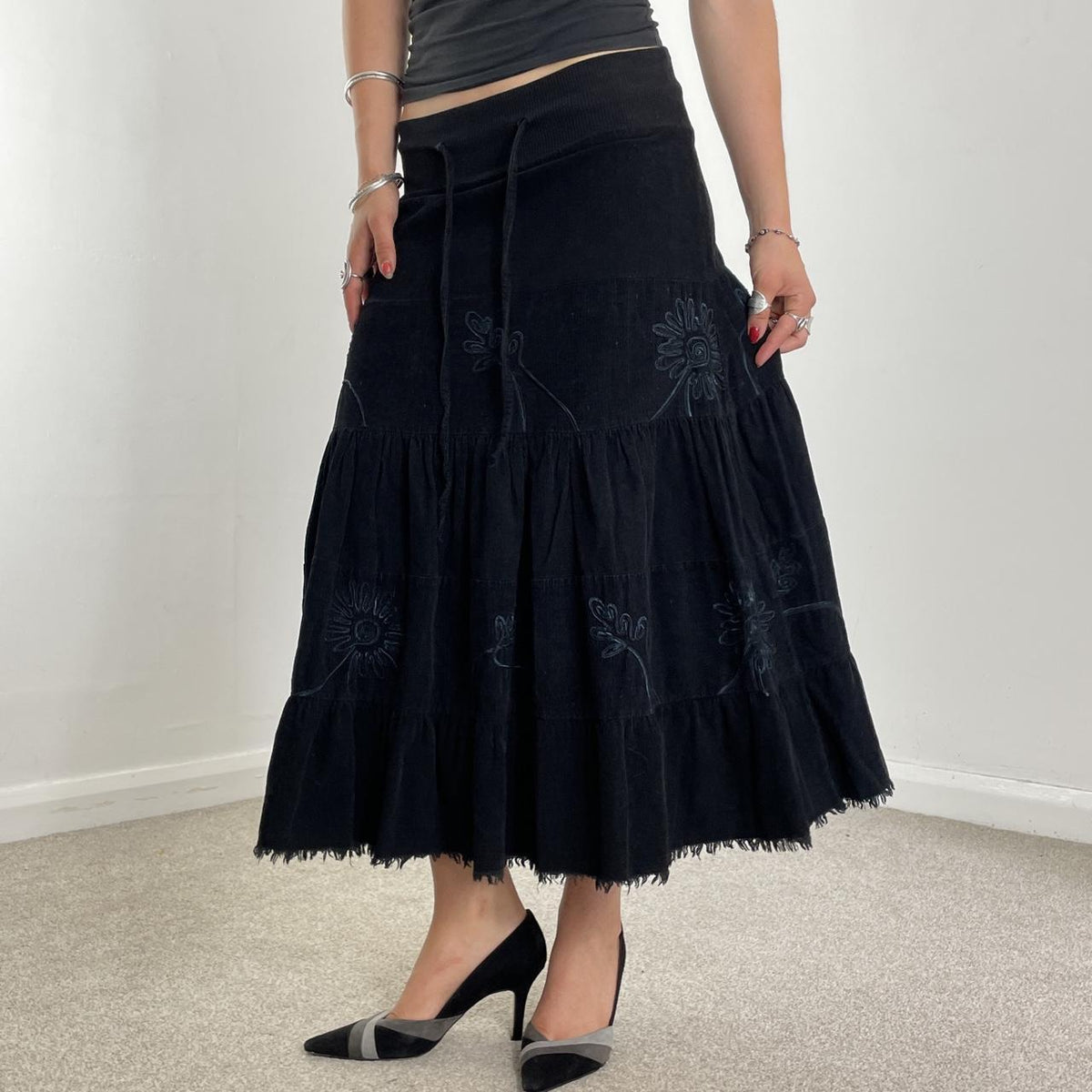 Vintage full length teired black cordorouy embroided skirt