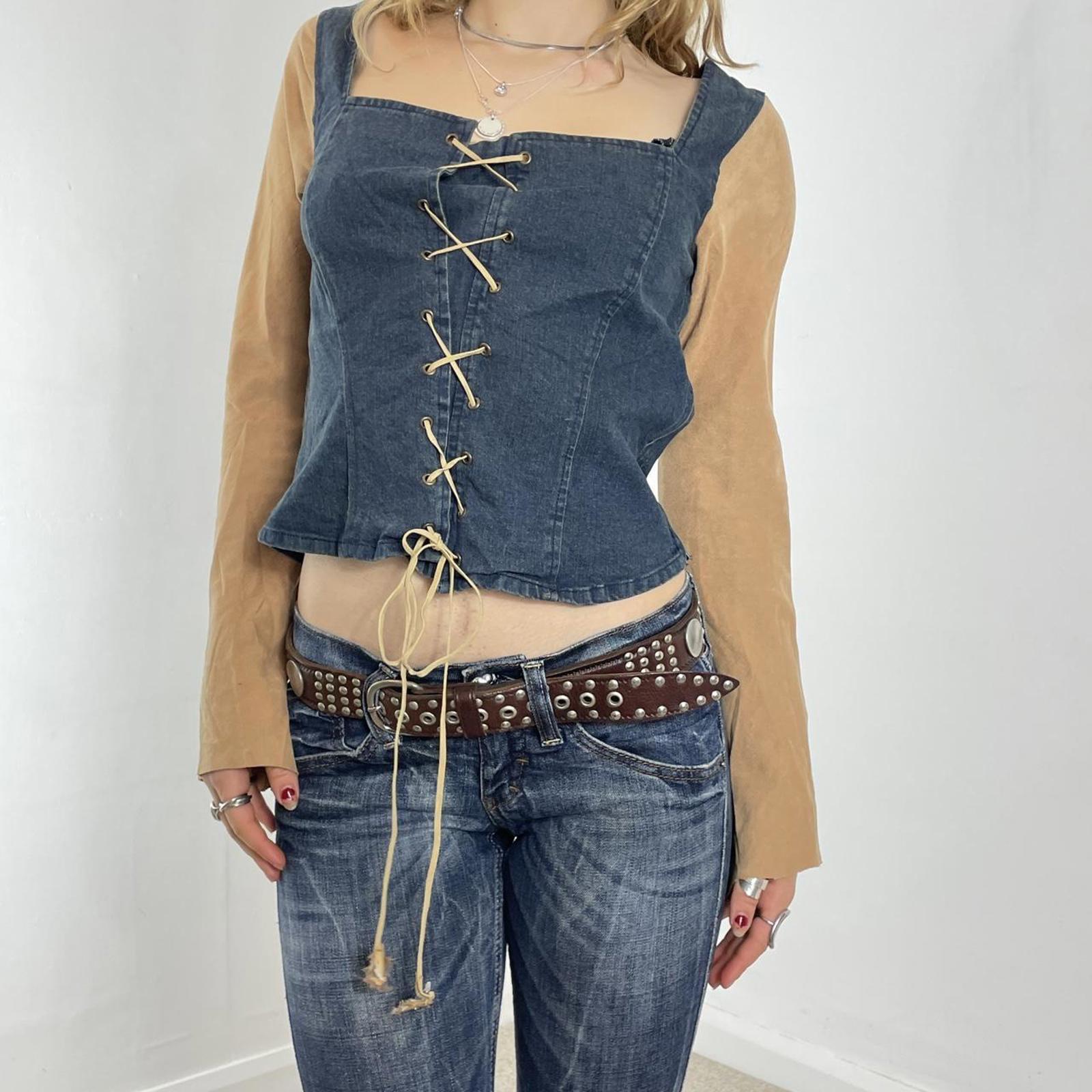 Denim and suede mustard long sleeve tie up top