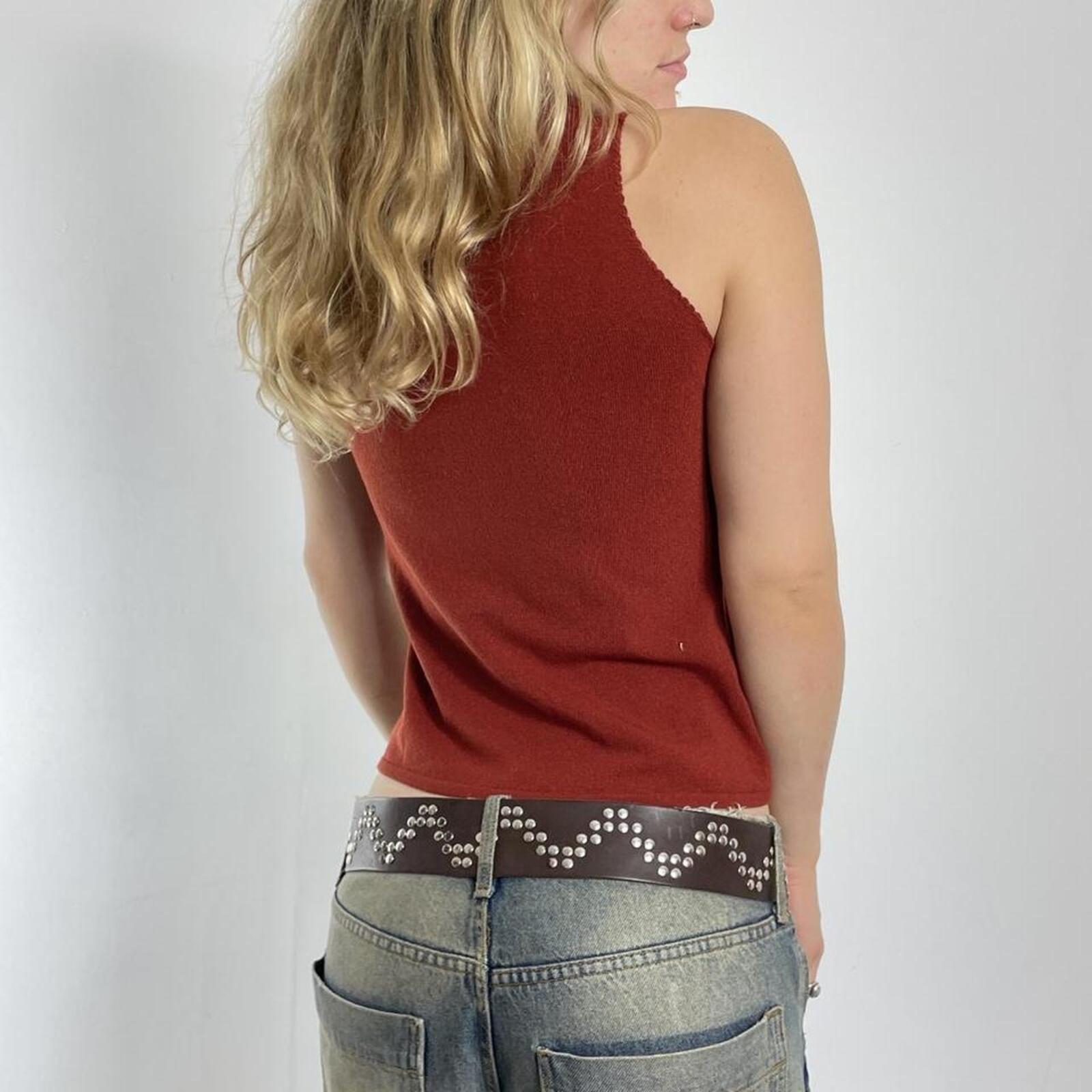 Vintage red/orange turtle neck top with open cut out and boho tassles