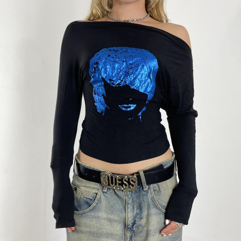 Black and blue graphic batwing top