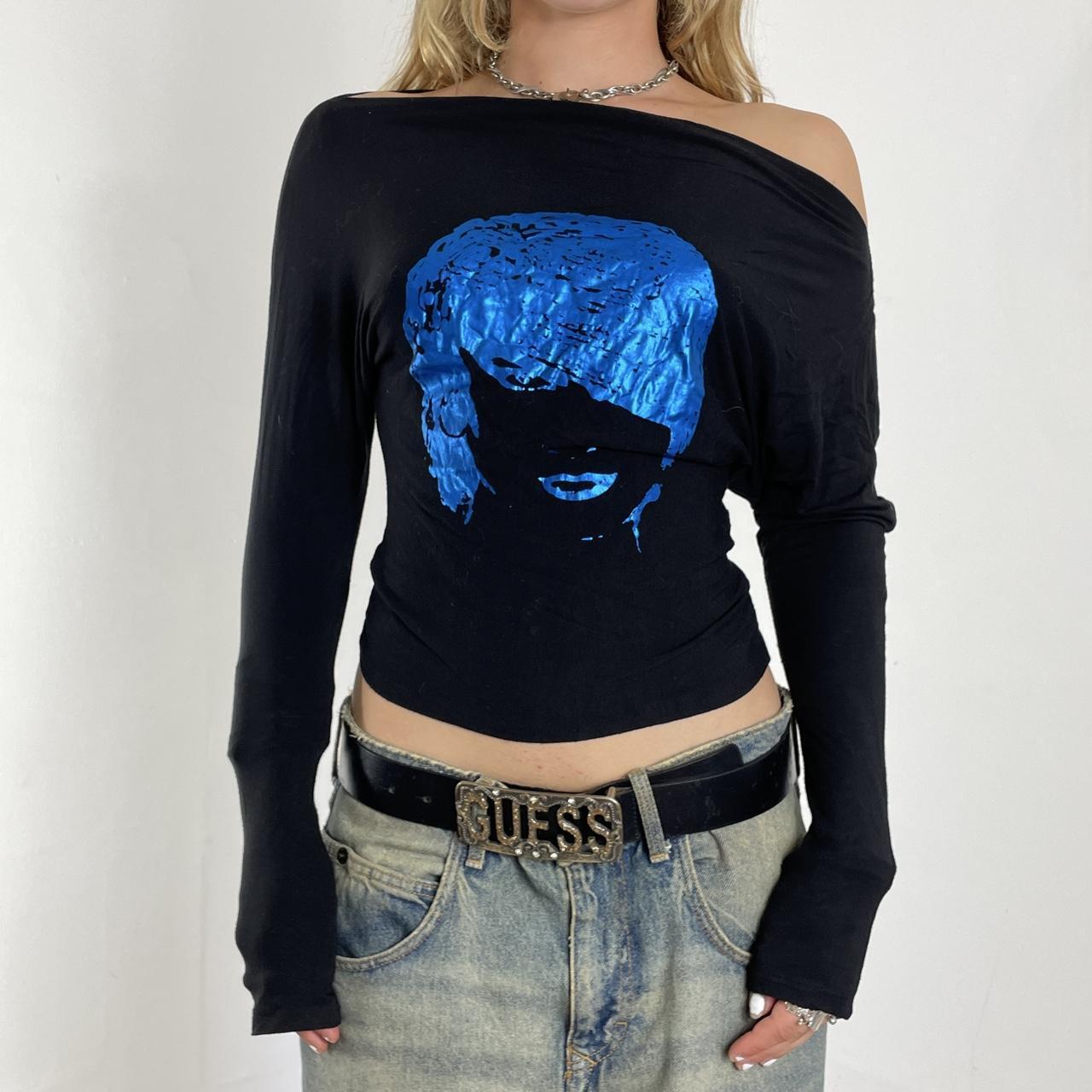 Black and blue graphic batwing top