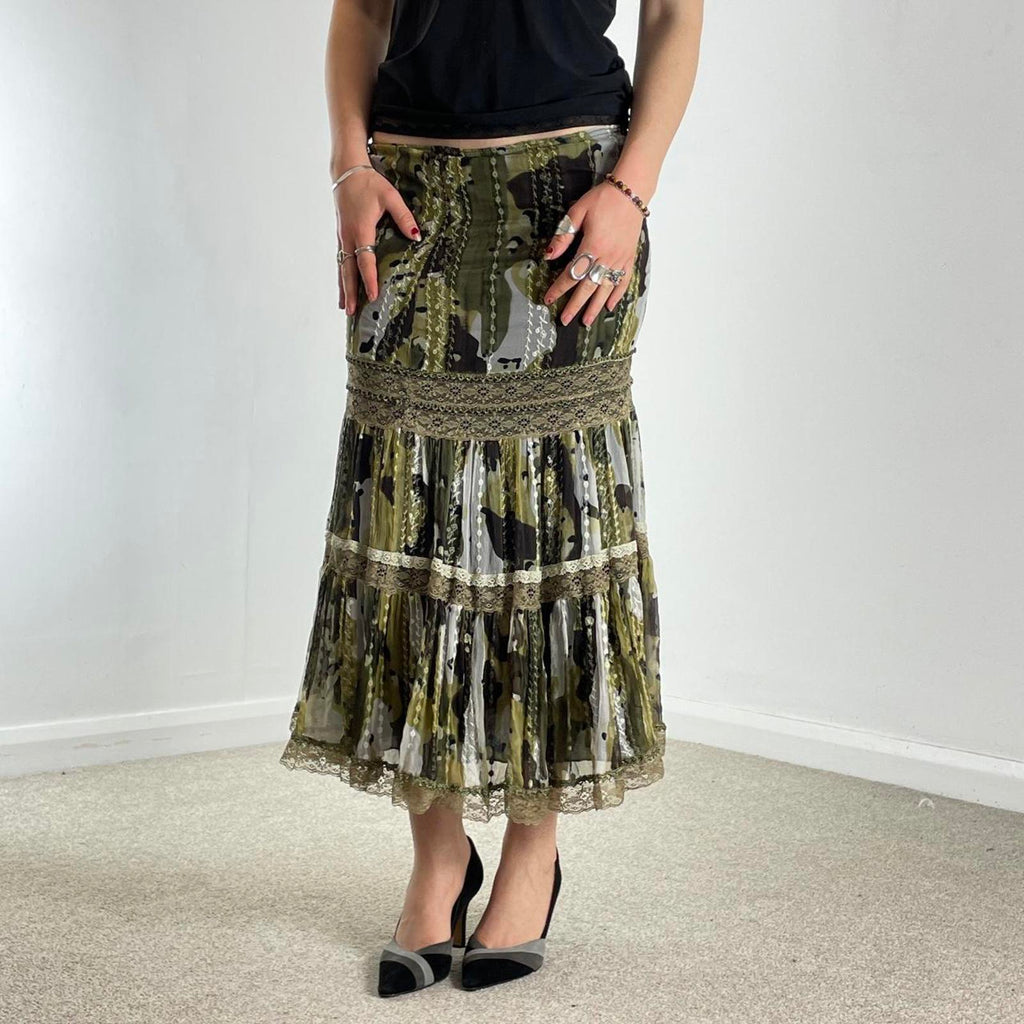 Bohemian green lace and mesh layred maxi skirt