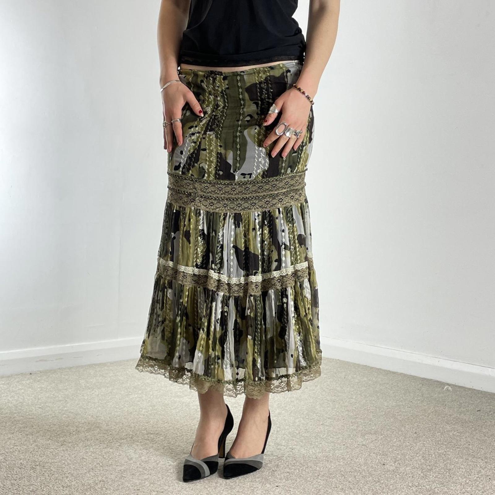 Bohemian green lace and mesh layred maxi skirt