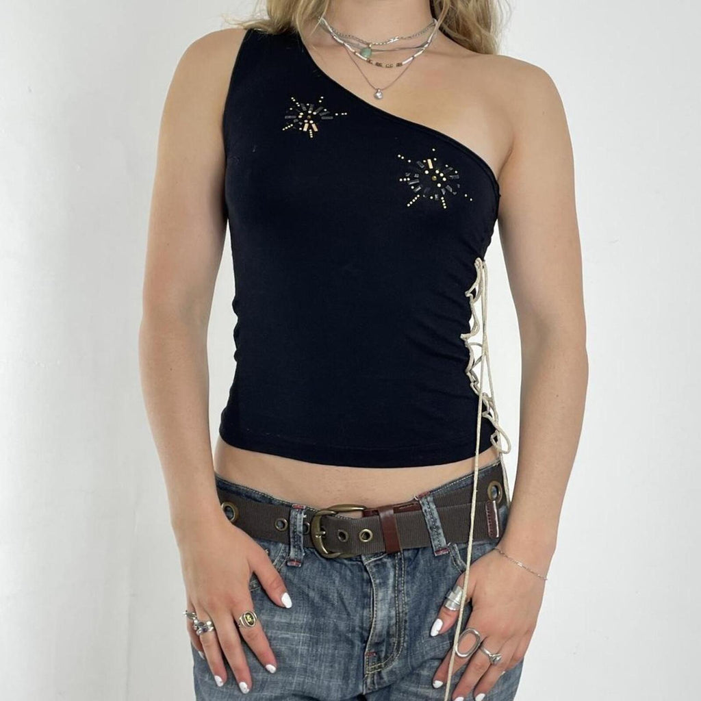 Black one shoulder embellished top with a tie up the side