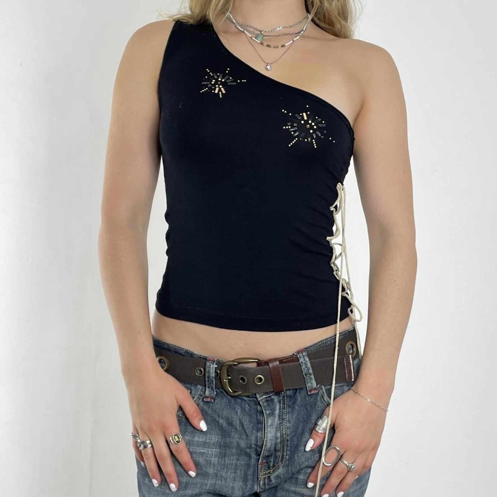 Black one shoulder embellished top with a tie up the side