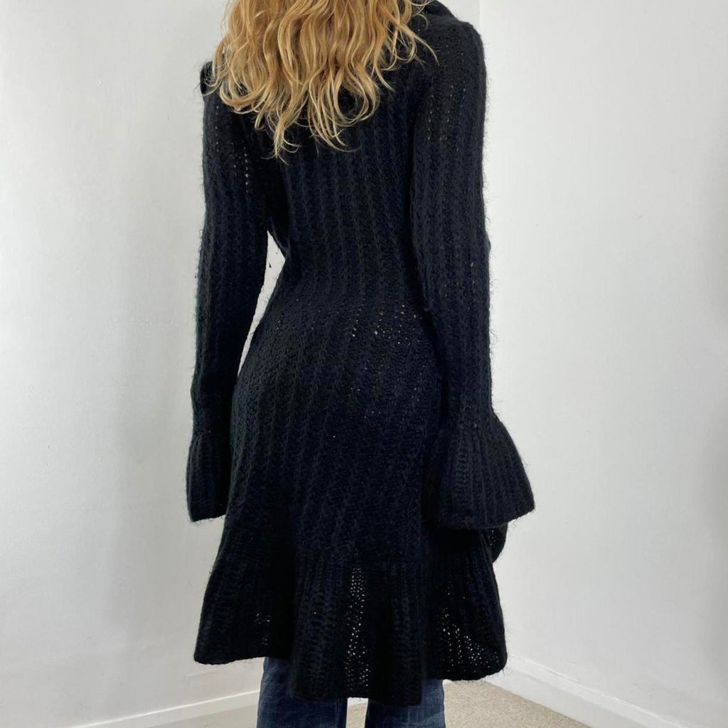 Vintage black full length knitted lettuce hem cardigan jumper with clasp in the midle