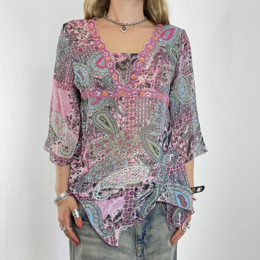 Bohemian multi coloured flowy bell sleeve top