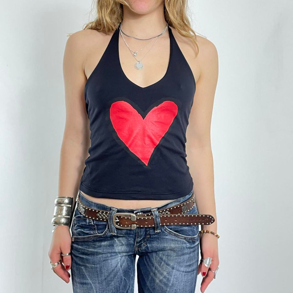 Y2K black heart low cut halter top
