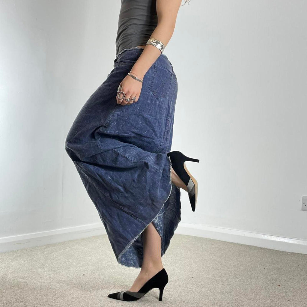 Navy blue loose flowy maxi skirt with a raw hem