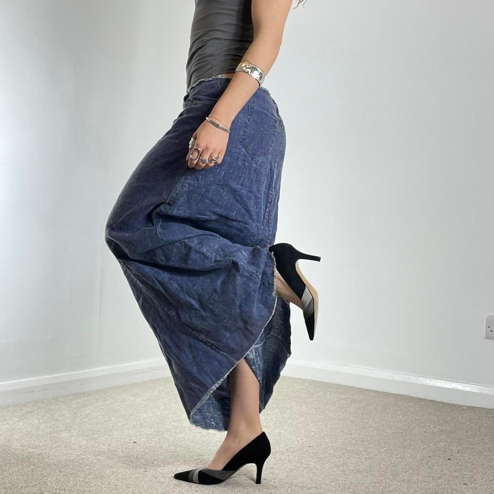 Navy blue loose flowy maxi skirt with a raw hem