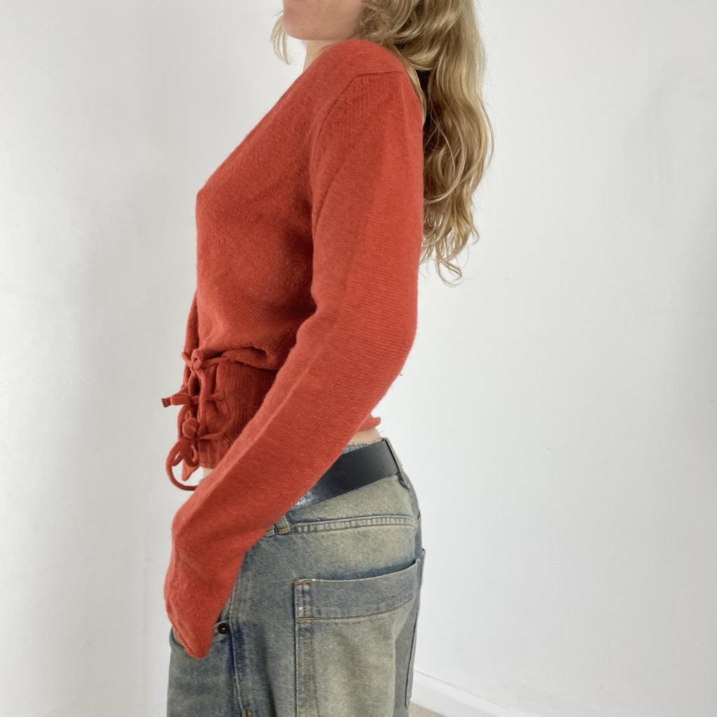 Burnt orange wool v neck long sleeve wrap jumper